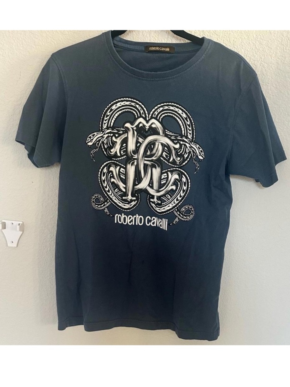 ROBERTO CAVALLI Graphic Tee T-shirt Serigrafata Snake Serpent Navy Blue Small